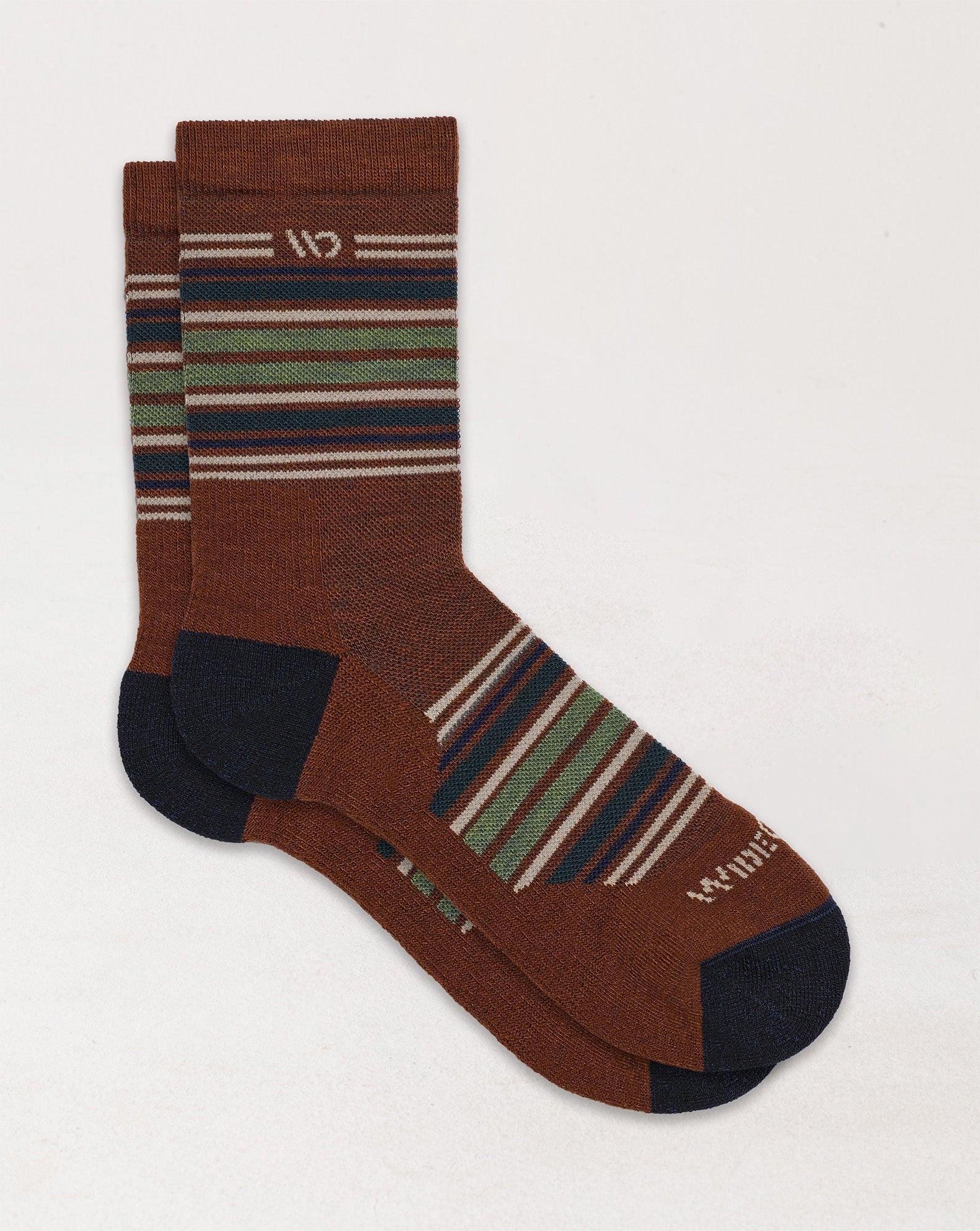 Socks laying flat with  stripes on the cuff and over the top of the foot with rust body and off white logo--Chestnut