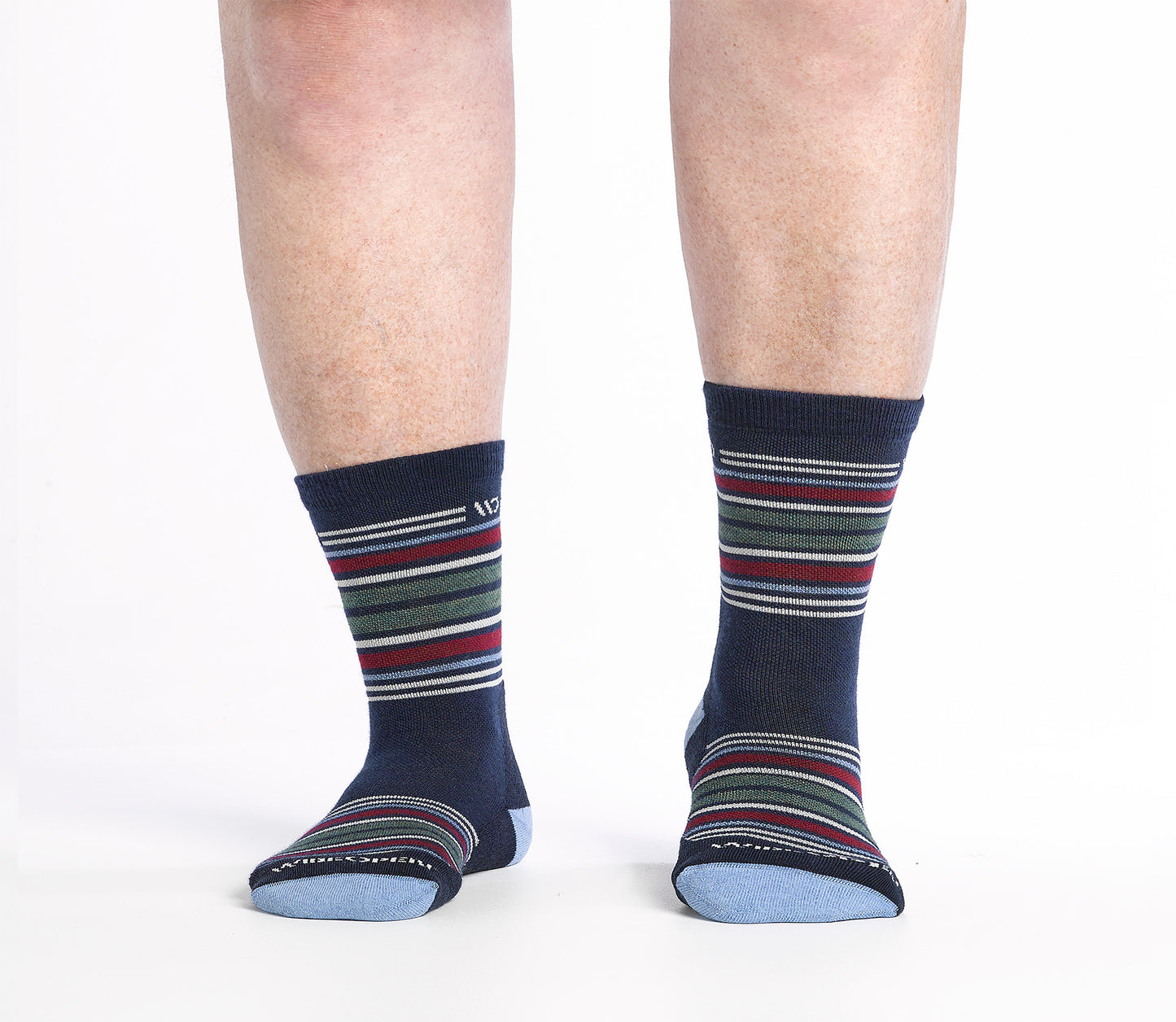 On body Micro Crew sock with Blue heel/toe and Cream logo, Navy body and red and green  stripes.