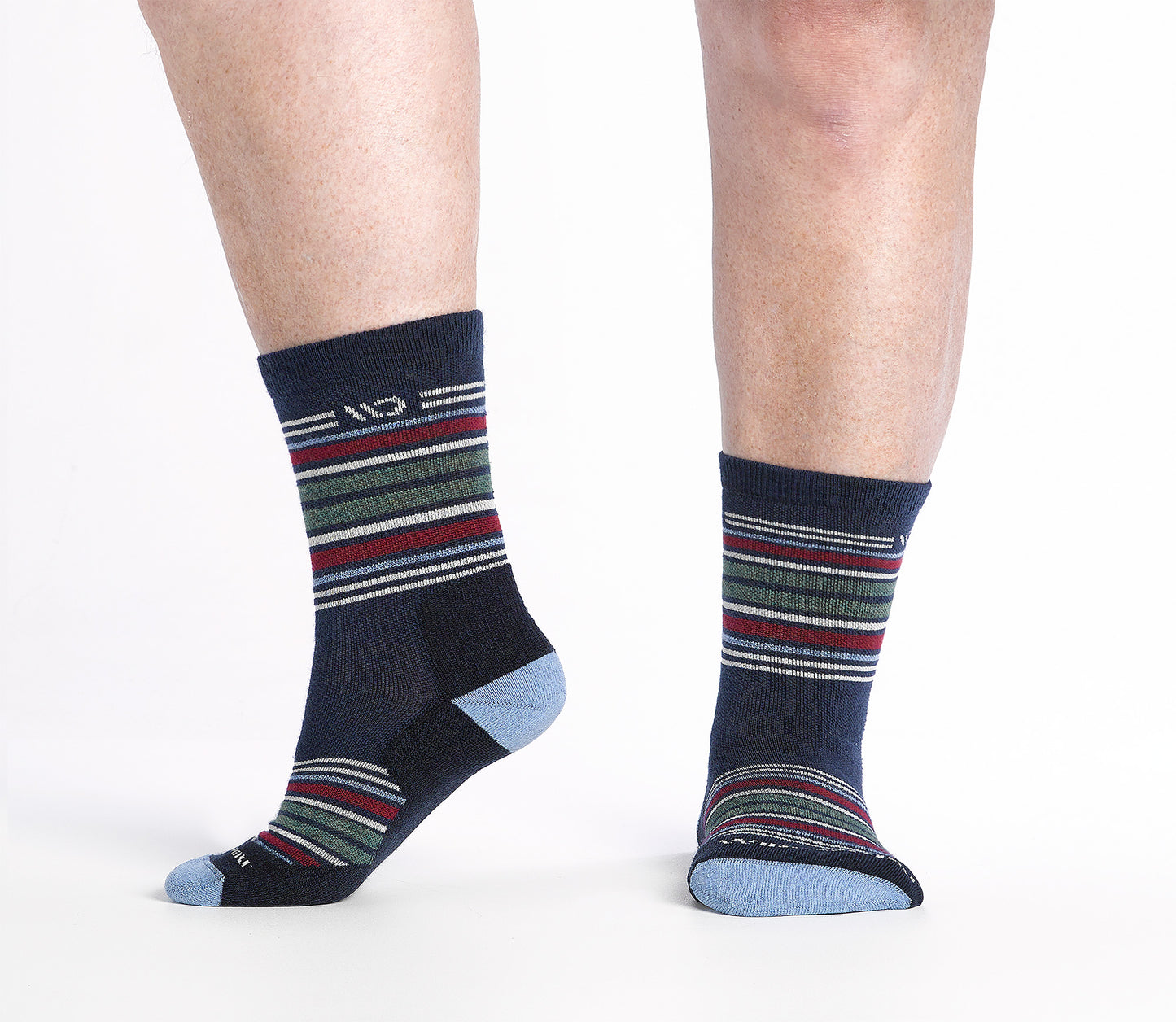 side view on body Micro Crew sock with blue heel/toe and Cream logo, Navy body and red and green  stripes.