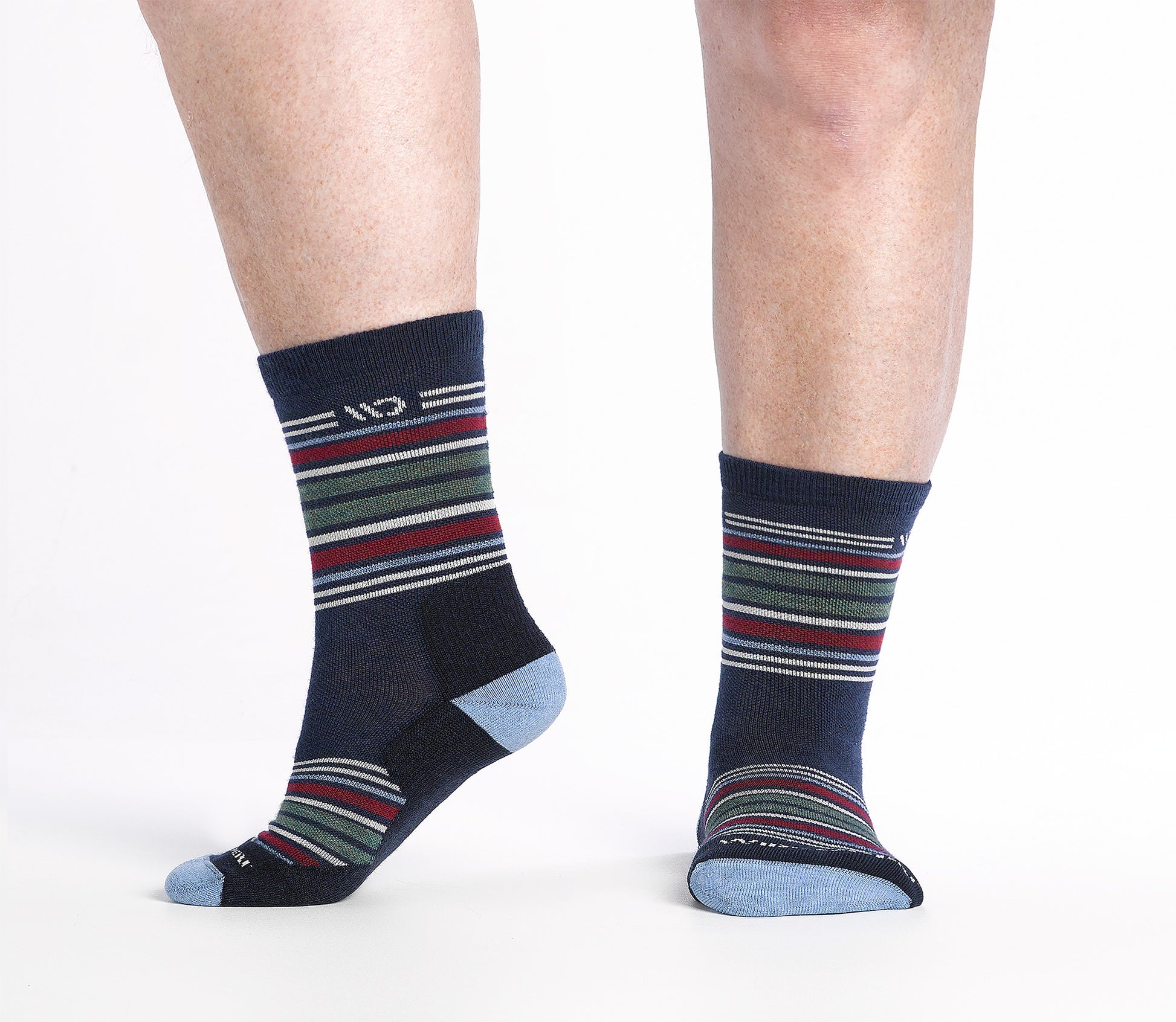 side view on body Micro Crew sock with blue heel/toe and Cream logo, Navy body and red and green  stripes.