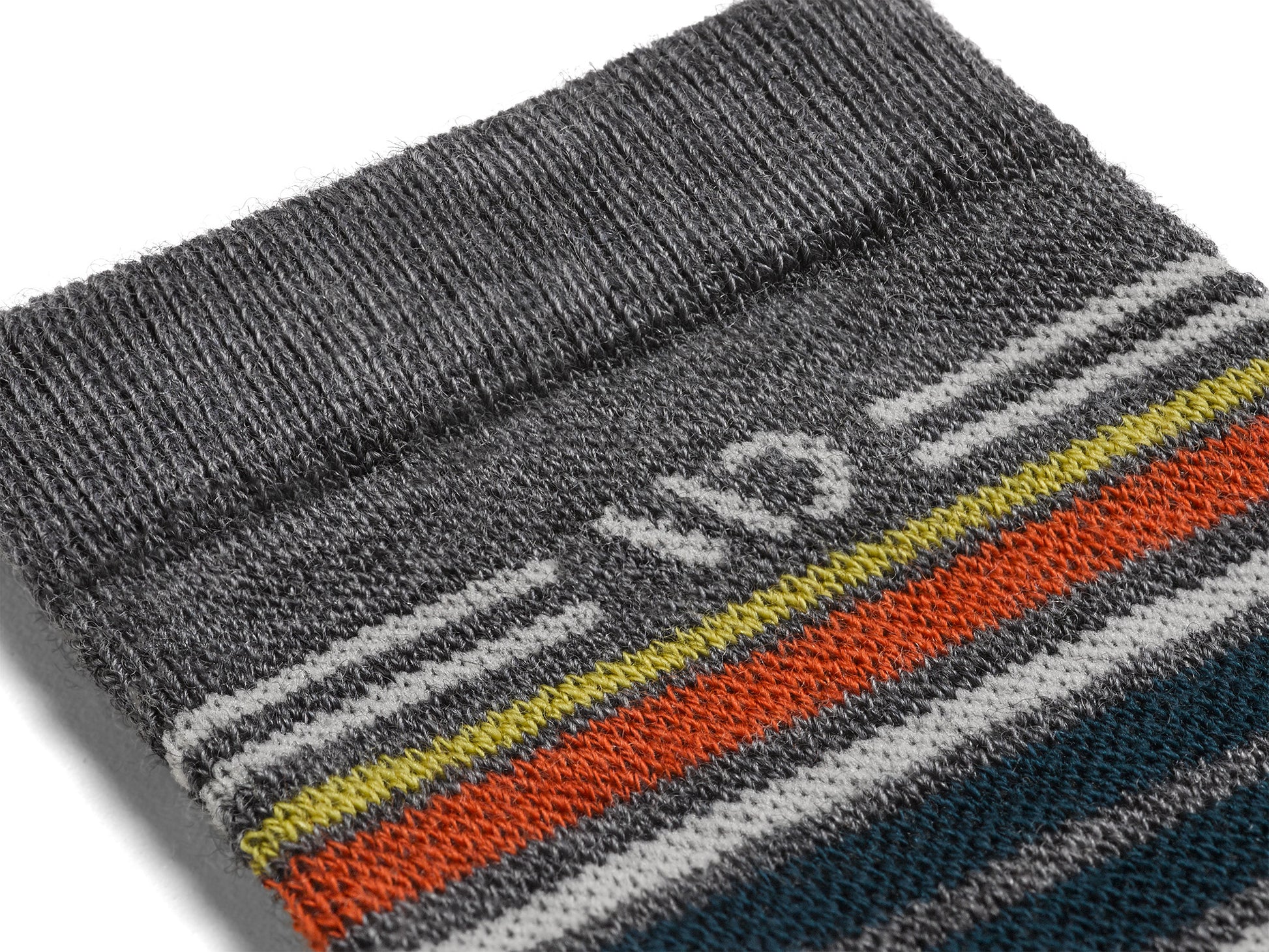 Detail featuring white, yellow, orange and teal stripes around the cuff--Gray