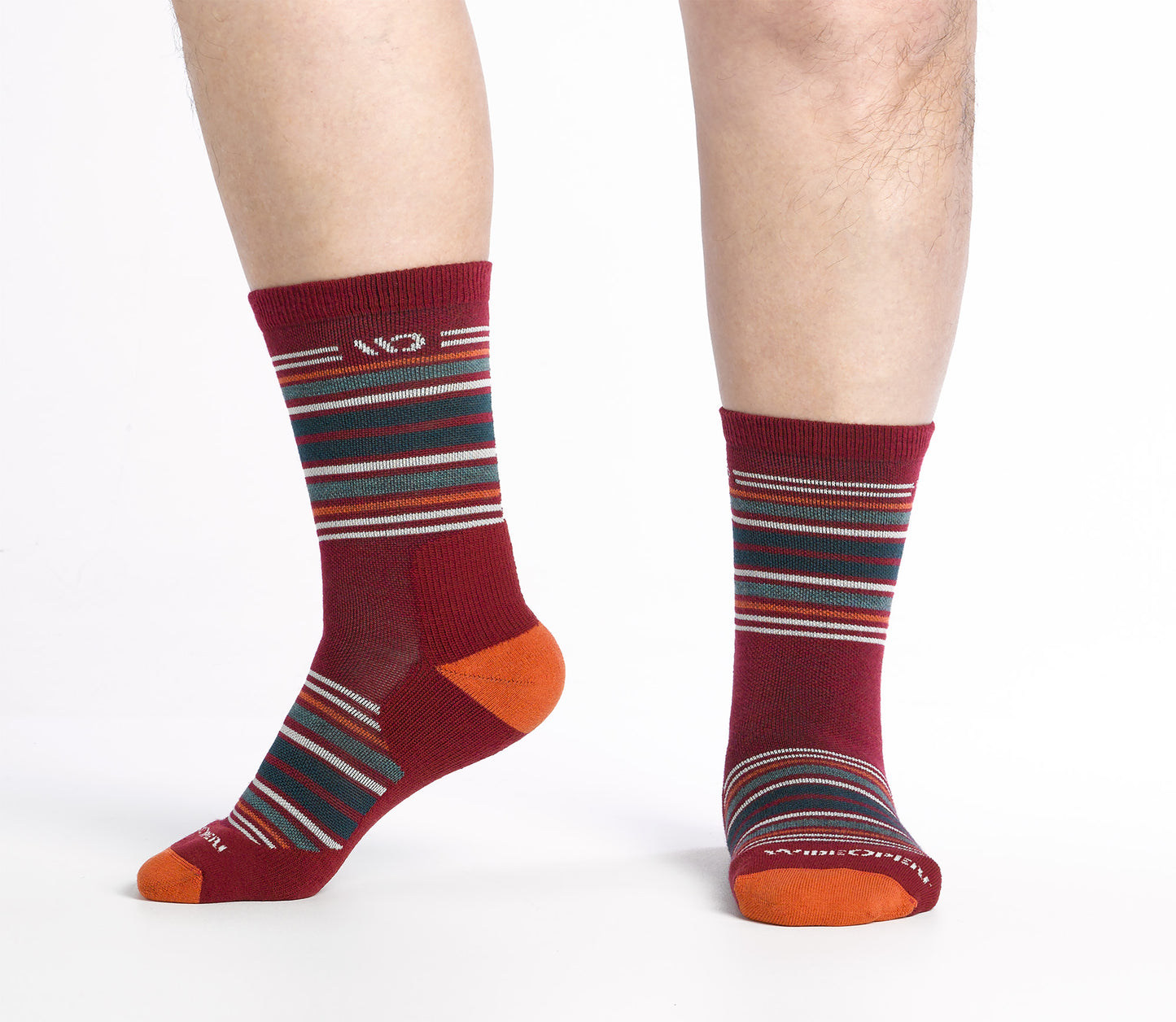 side view On body Micro Crew sock with orange heel/toe and Cream logo, red body and  green and orange  stripes.