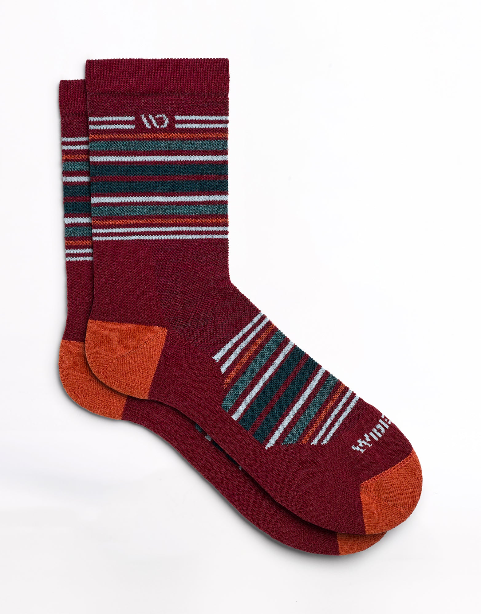 Socks laying flat with  stripes on the cuff and over the top of the foot with red body and off white logo