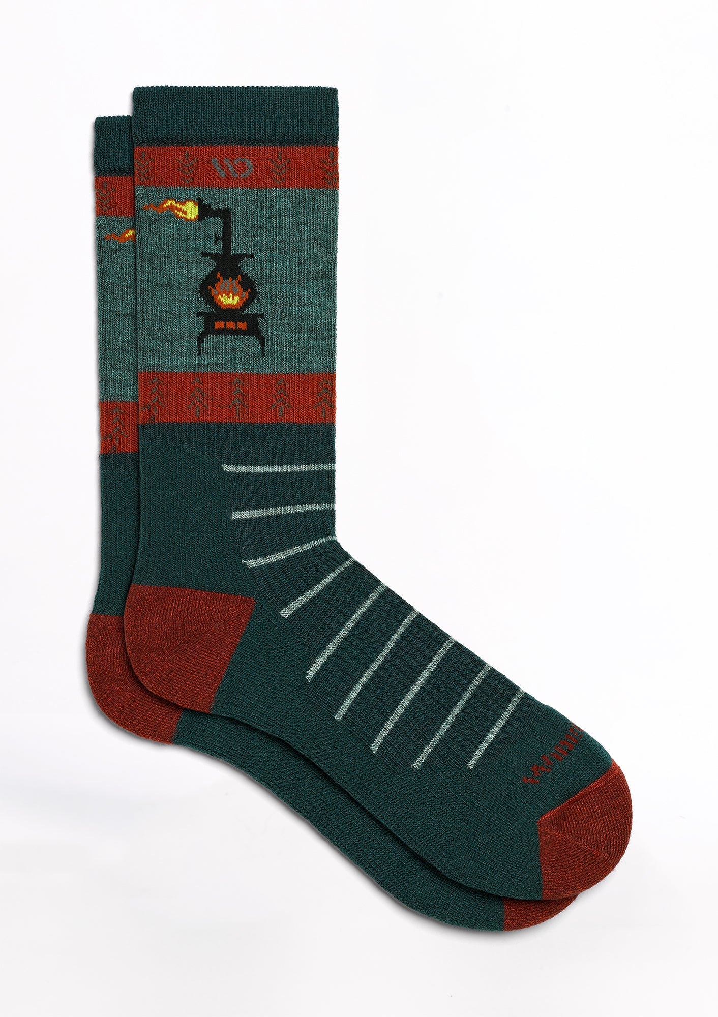 layflat image of the Stoked crew sock with red heel/toe, teal/white stripes body with a potbelly stove on the ankle