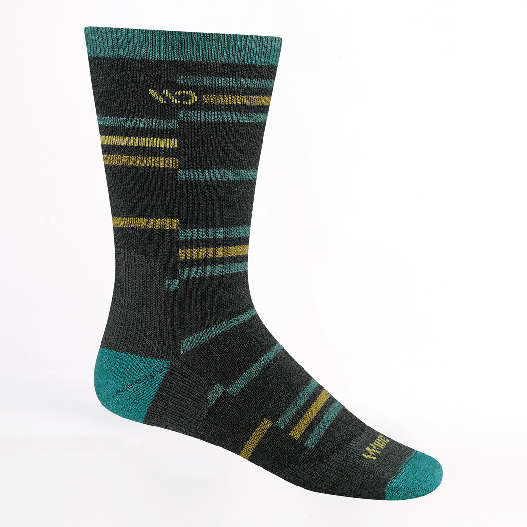 Men's Crossroad cushioned crew sock in charcoal featuring teal heel/toe and teel and yellow stripes 