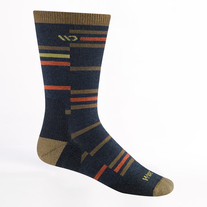 Men's crossroad cushioned crew sock in Navy featuring gold heel/toe with yellow and orange stripes