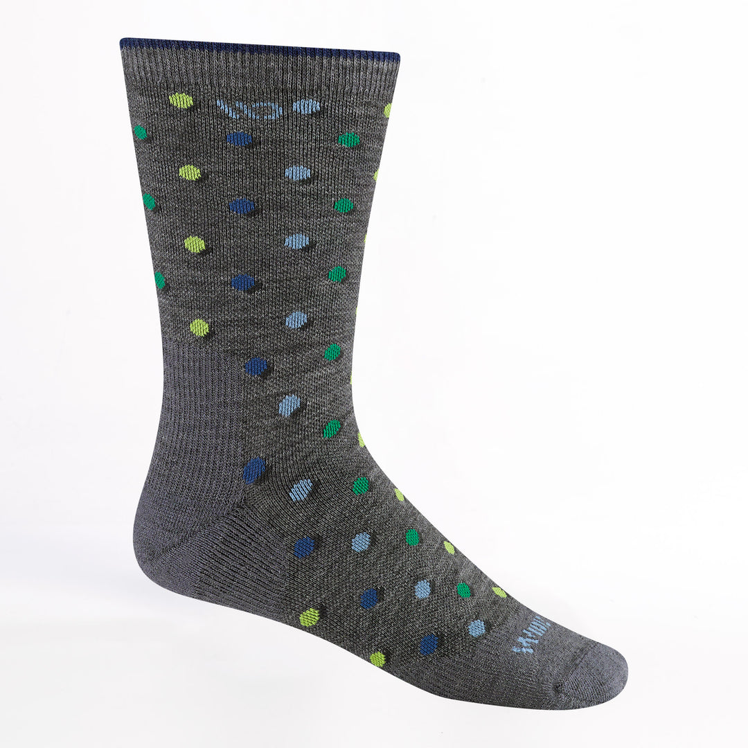 Men's on the dot cushioned crew sock in gray featuring gray body with green/blue/yellow dots all over