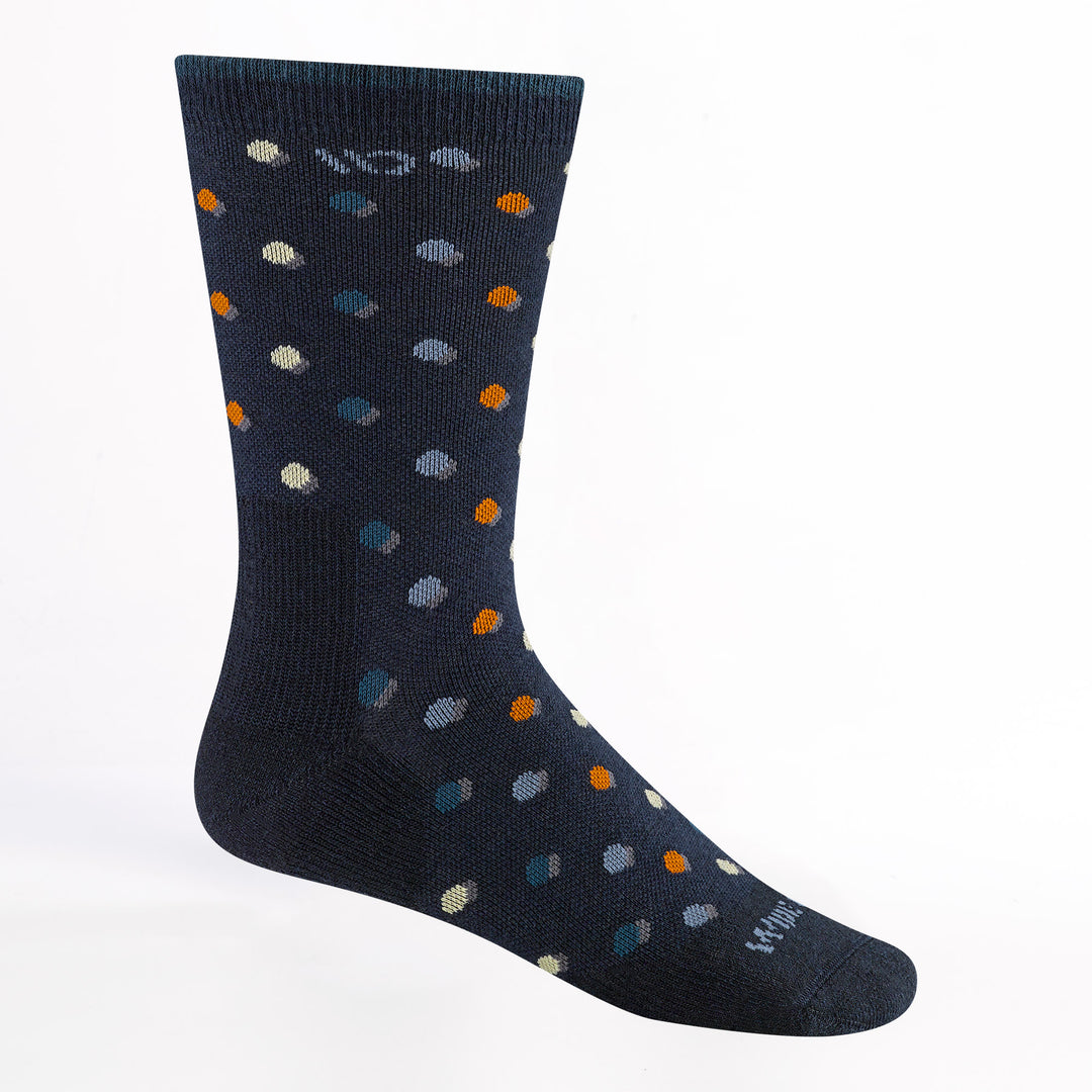 men's on the dot cushioned crew in navy featuring a blue body and blue orange and off white dots