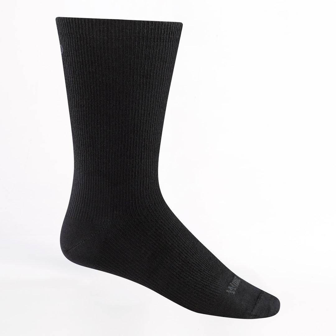 men's solid lightweight crew sock in black colorway featuring a dark gray logo on black body