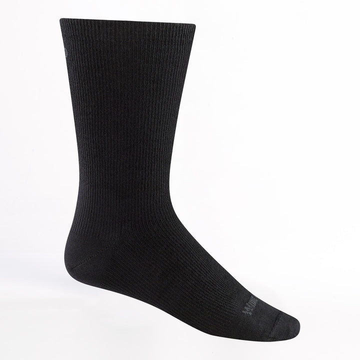 men's solid lightweight crew sock in black colorway featuring a dark gray logo on black body