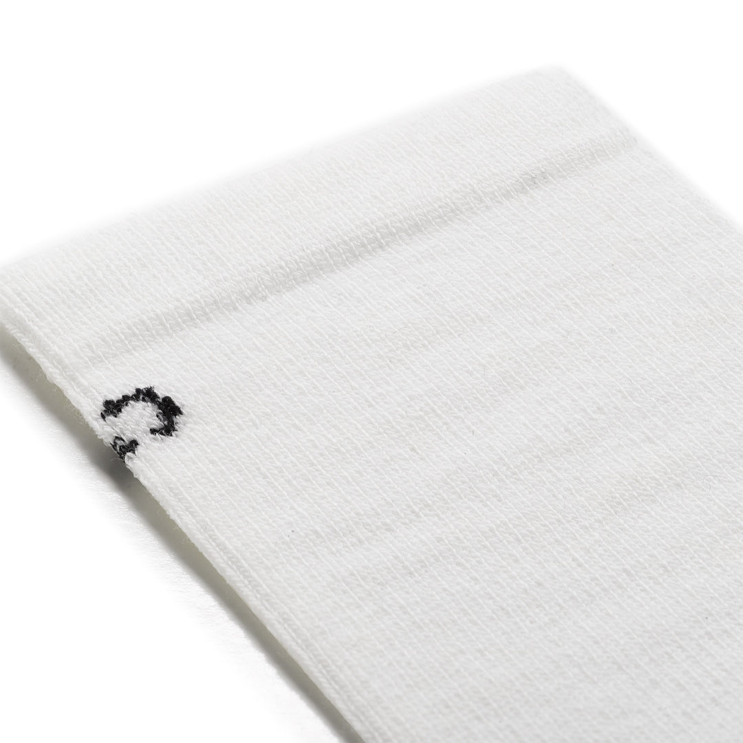 detail image of the 9012 solid lightweight crew in white featuring black logo on a white body