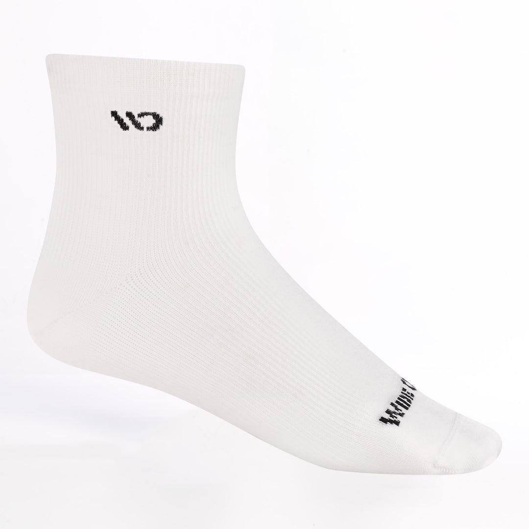 Men's Quarter lightweight no cushion sock in white featuring a black logo