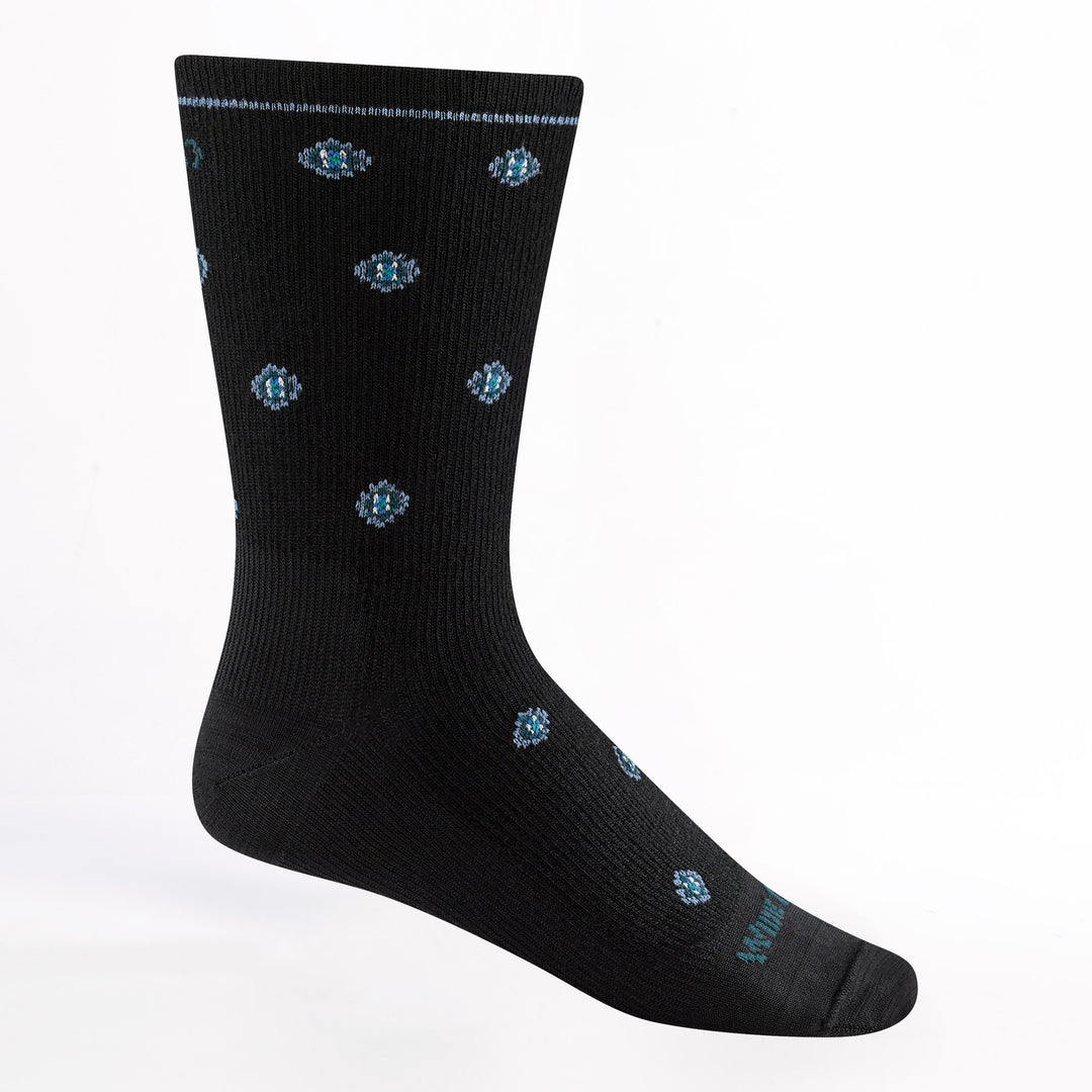9018 Men's Geometric Lightweight Crew in Black with black body blue geometric dots and Aqua logo 