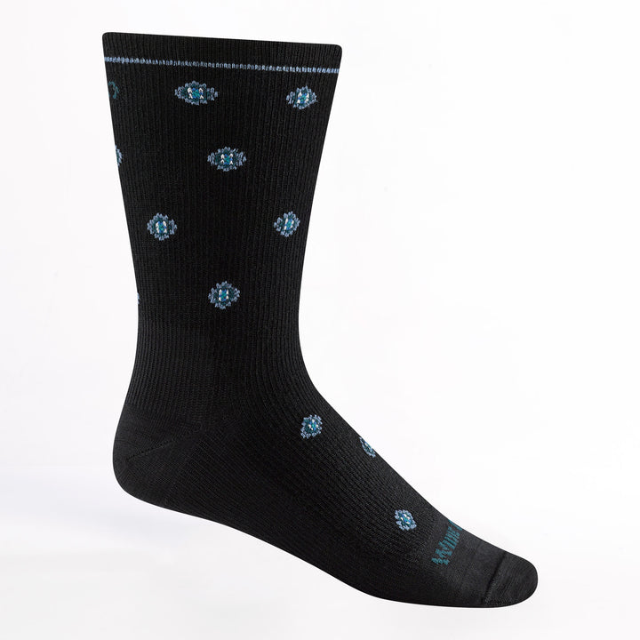 9018 Men's Geometric Lightweight Crew in Black with black body blue geometric dots and Aqua logo 