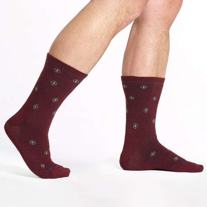 9018 burgundy crew sock blue logo, taupe geometric dots shown from the side feet to the right back foot lifted