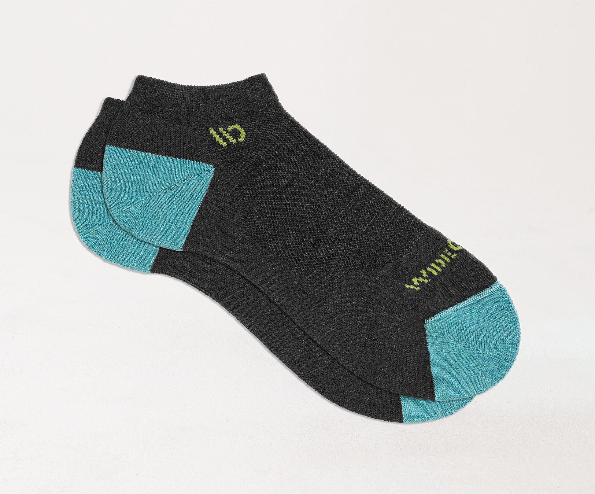 Flat socks featuring aqua heel/toe, yellow logo, and charcoal body --Charcoal