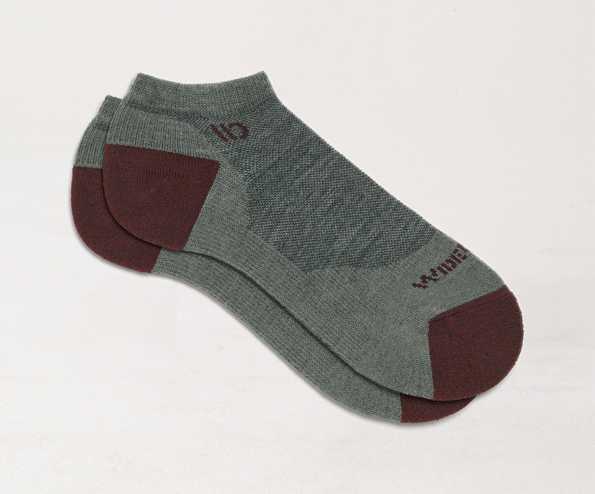 Flat socks featuring maroon heel/toe and logo, with taupe body--Taupe