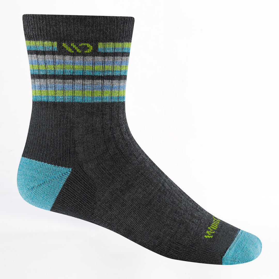 9502 multi stripe cushioned micro crew in charcoal with teal heel/toe and yellow logo with different color stripes on leg