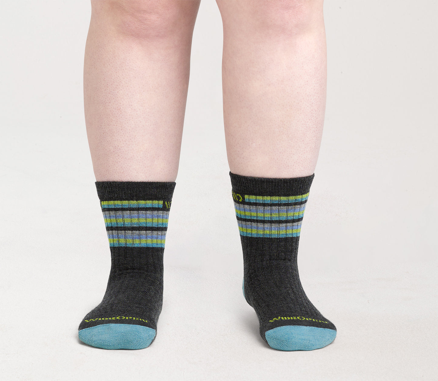 Micro Crew on body with aqua heel/toe, charcoal body and Stripes below the cuff --Charcoal