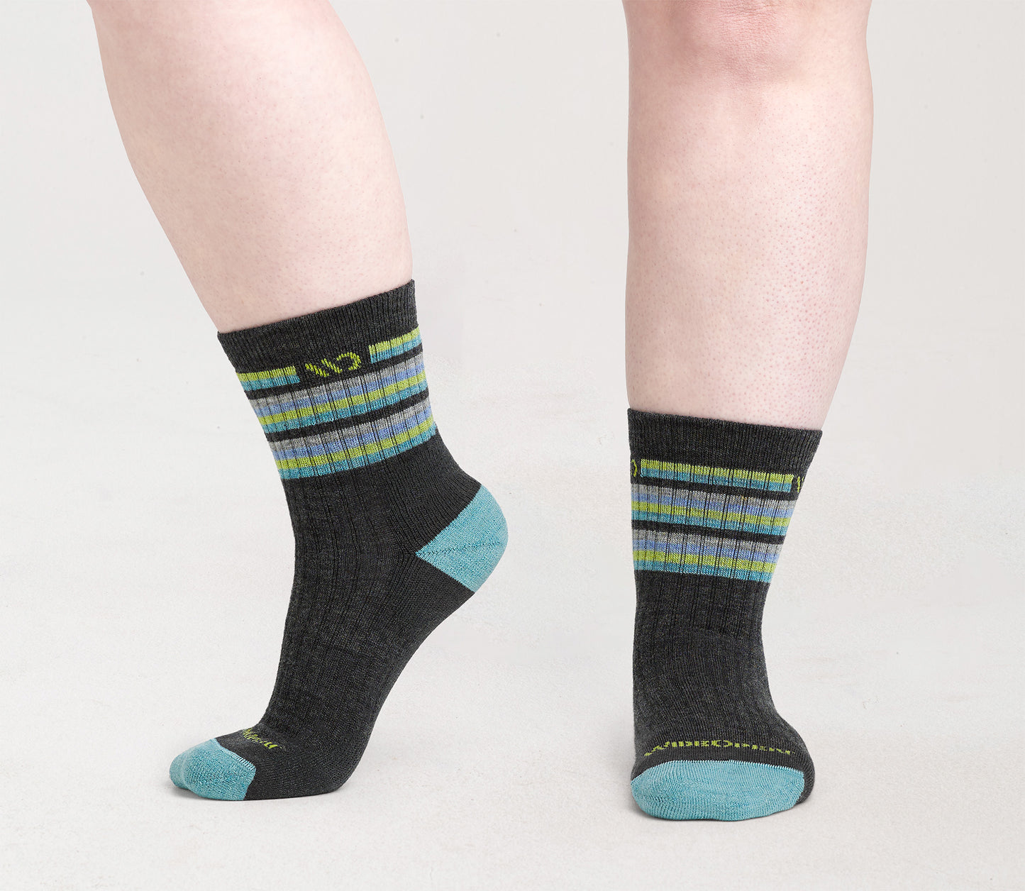 Micro Crew on body with aqua heel/toe, charcoal body and Stripes below the cuff --Charcoal