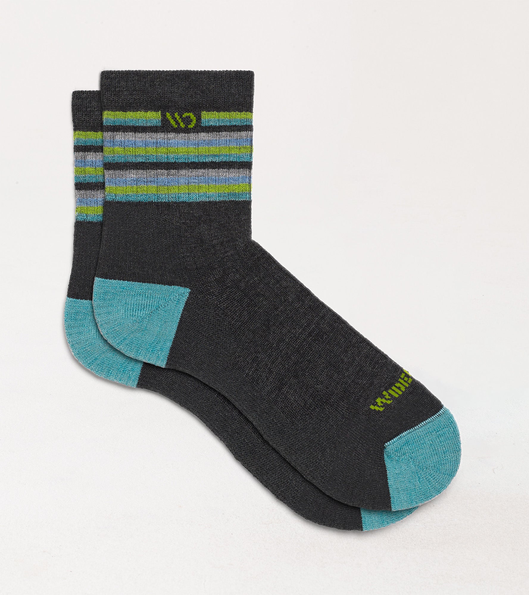 Flat socks, featuring aqua heel/toe, yellow logo, charcoal body, and stripes cuff --Charcoal