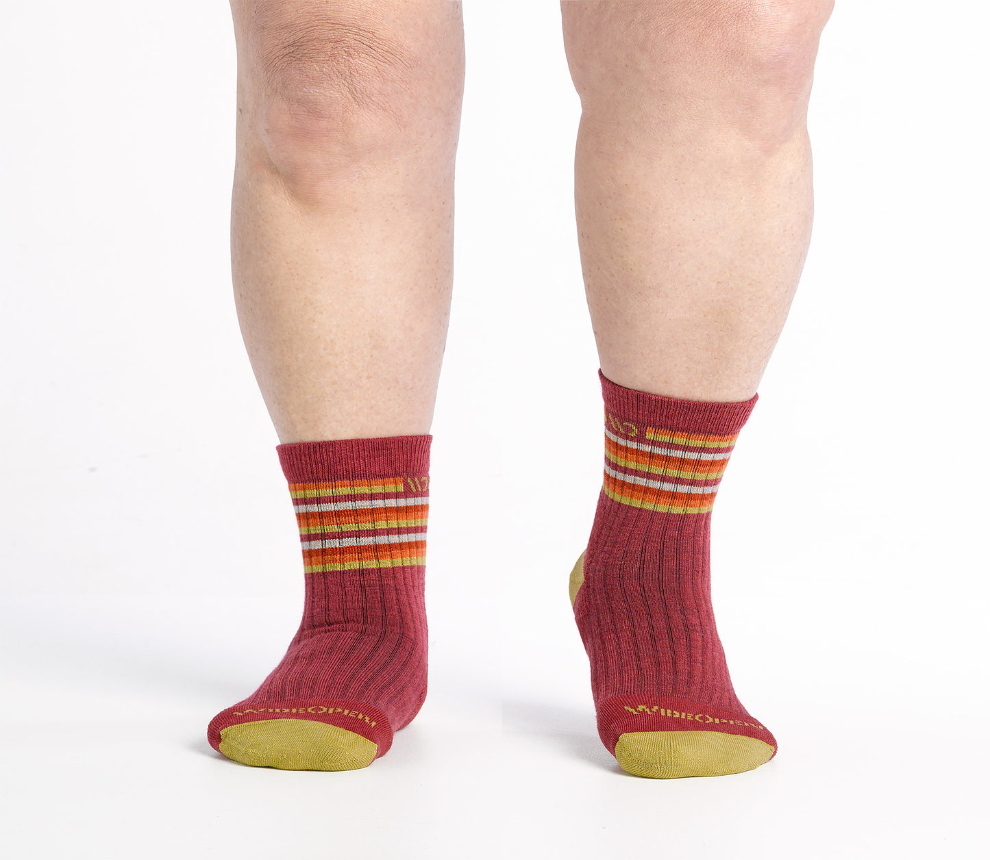 Micro Crew on body with Yellow heel/toe, cranberry body and Stripes below the cuff 