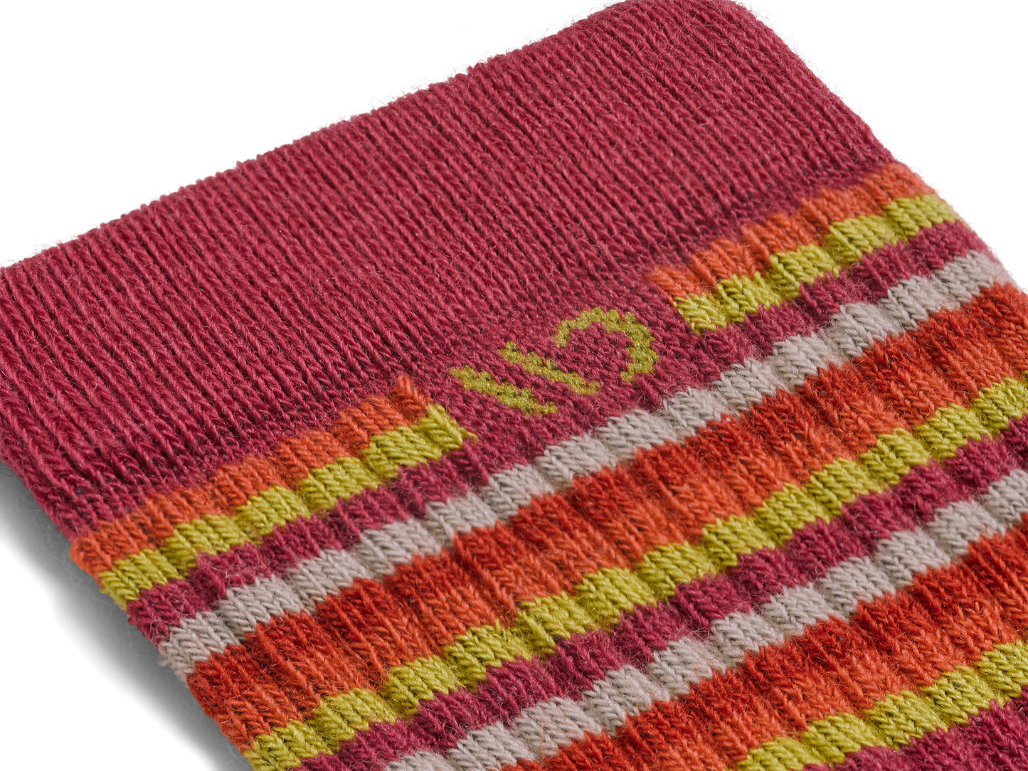 Detail featuring a yellow logo and coral, pink, yellow and red stripes--Cranberry