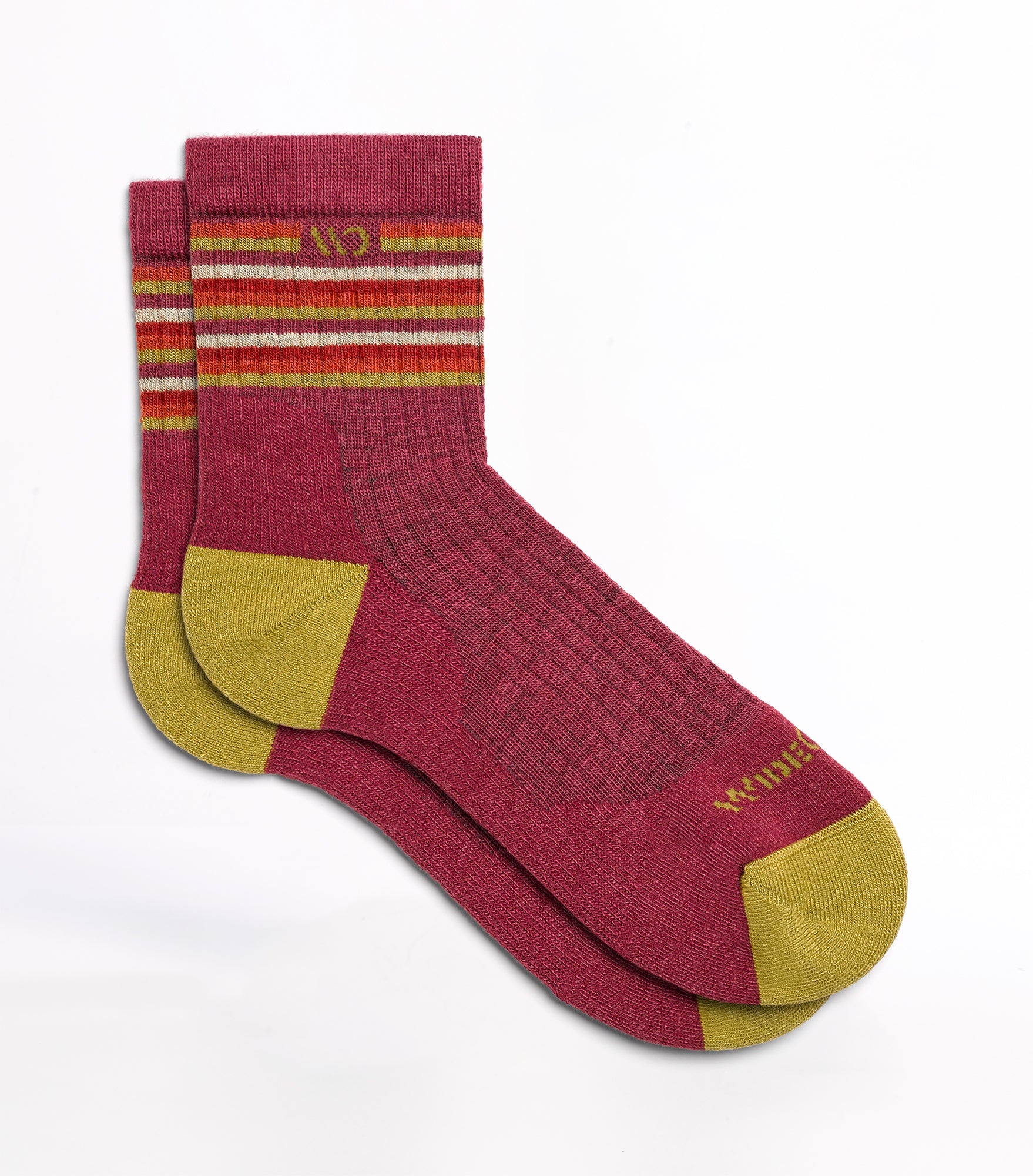 Layflat image of the Micro Crew on body with Yellow heel/toe, cranberry body and Stripes below the cuff 