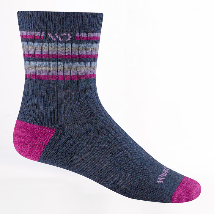 9502 multi stripe cushioned micro crew in Denim with pink heel/toe with lavender logo and multi-color stripe on ankle