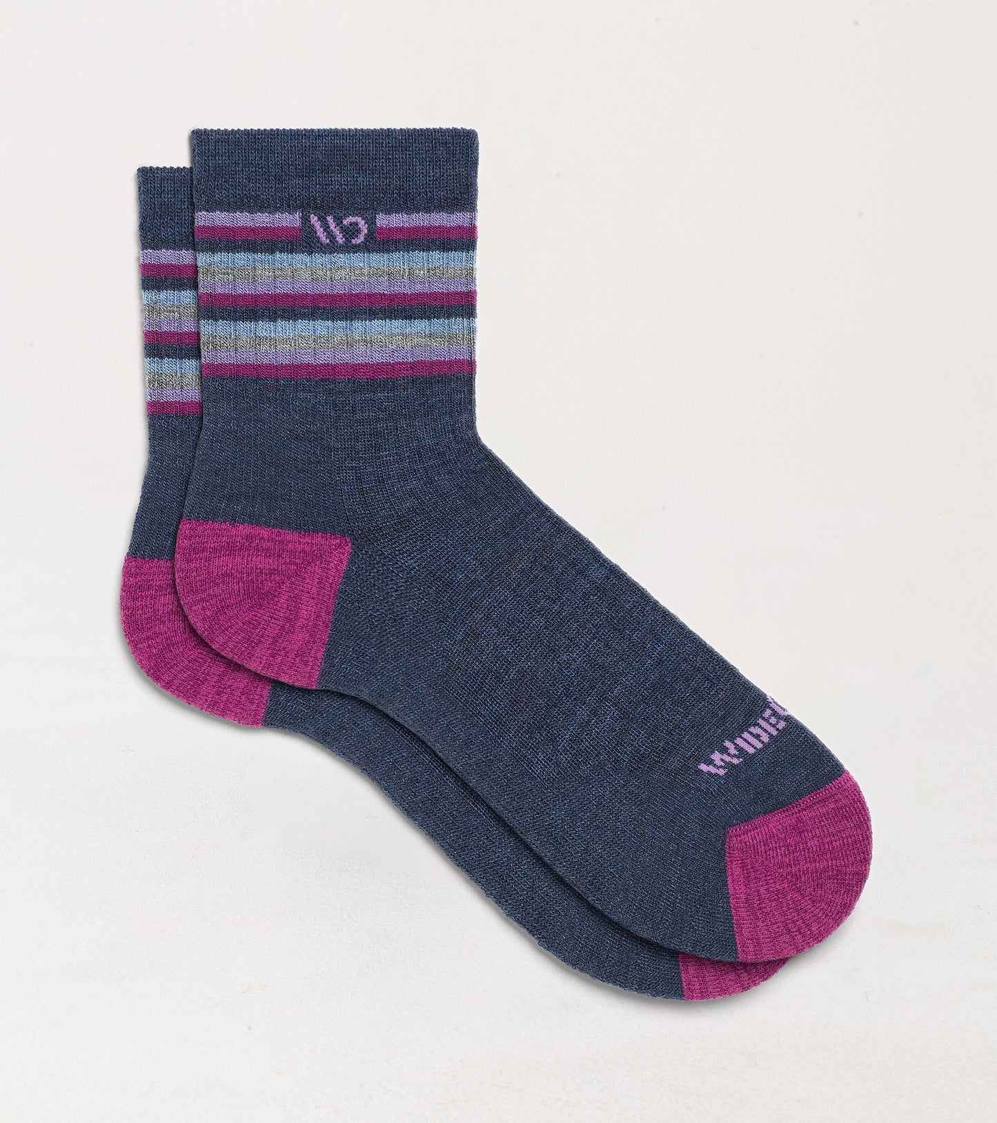 Socks featuring fuchsia heel/toe, lavender logo, denim body, and stripes on cuff --Denim