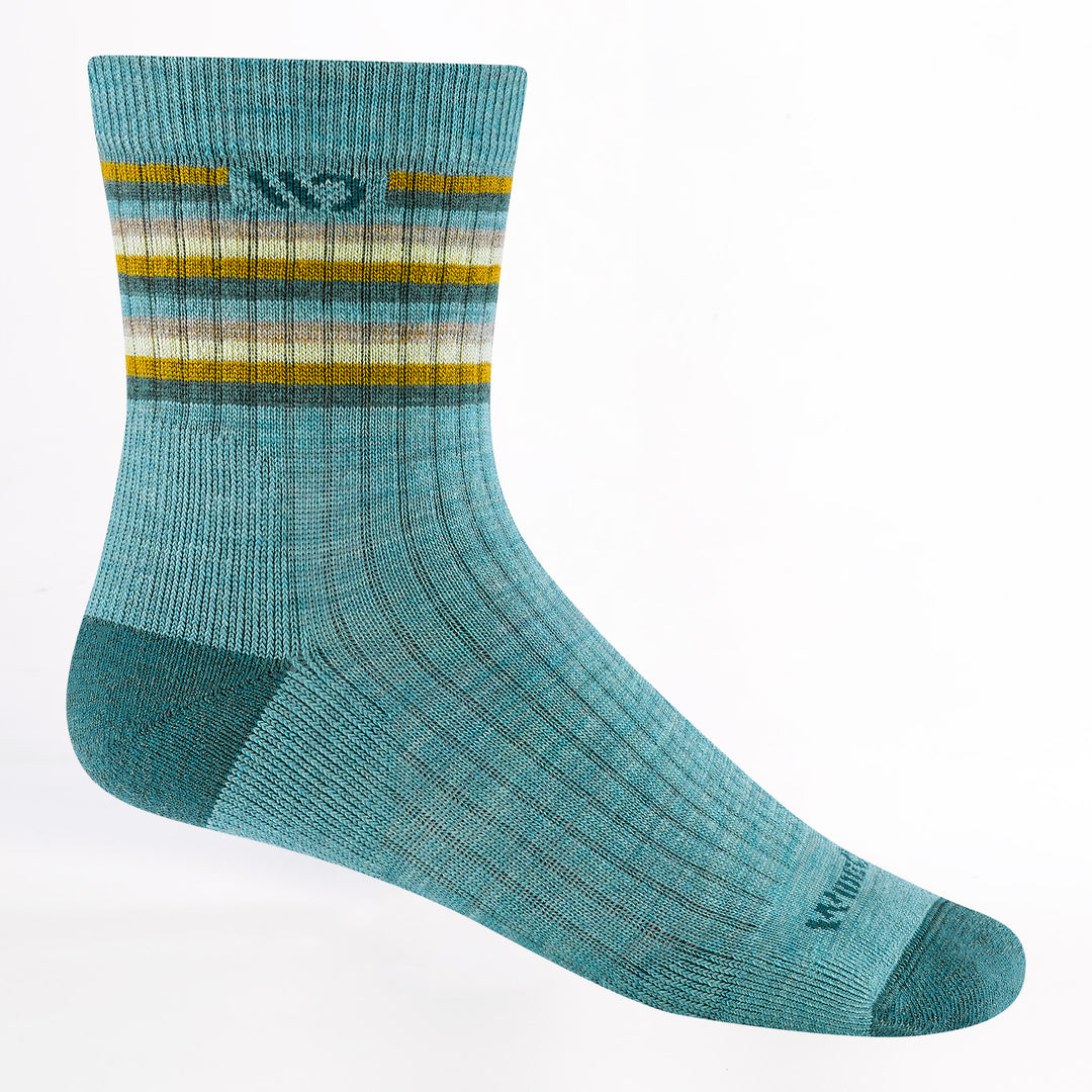 9502 multi stripe cushioned micro crew in teal with darker heel/toe/logo and different color stripes on leg