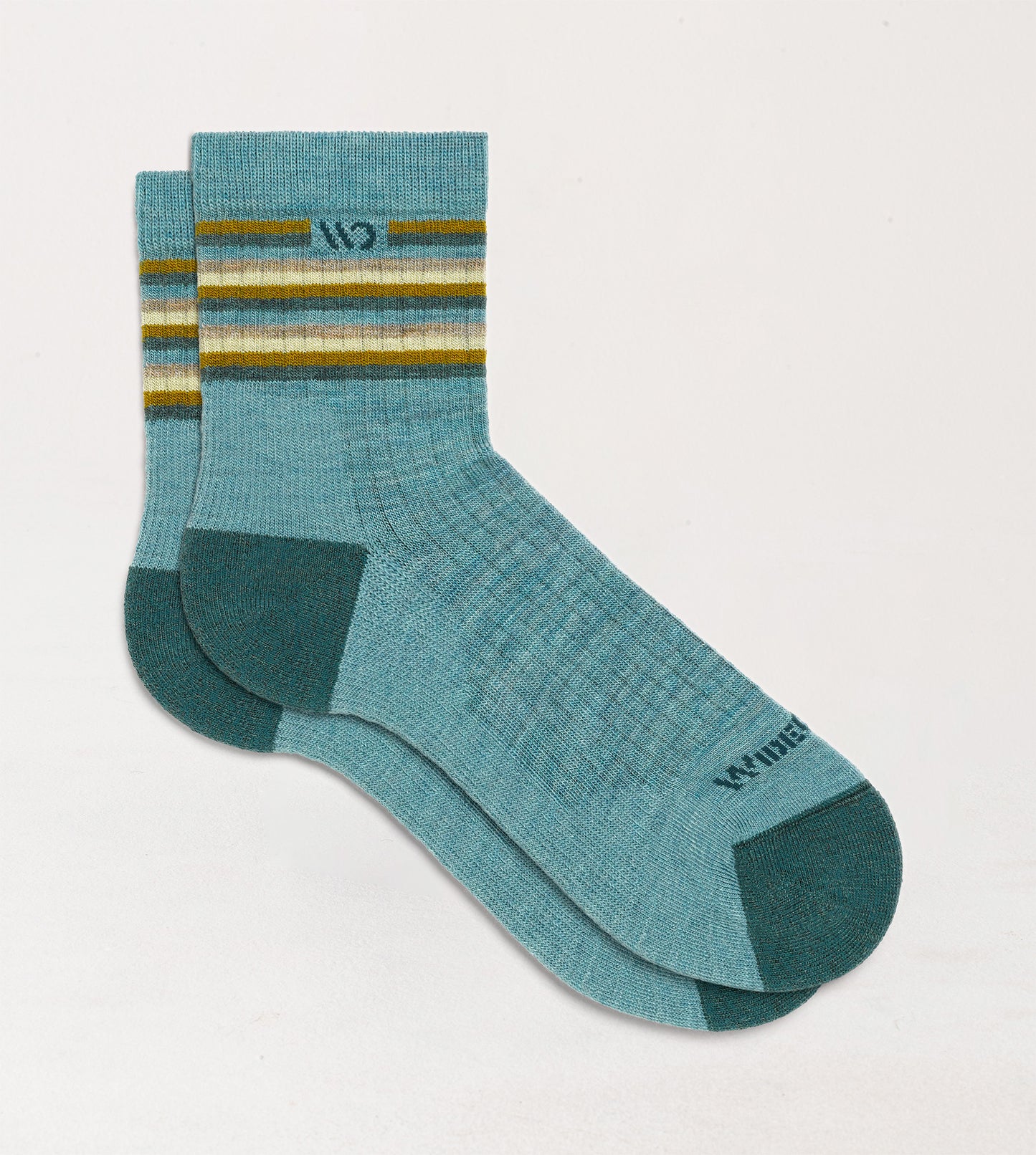 Flat socks dark teal toe and logo, light teal body, and stripes on cuff --Light Teal