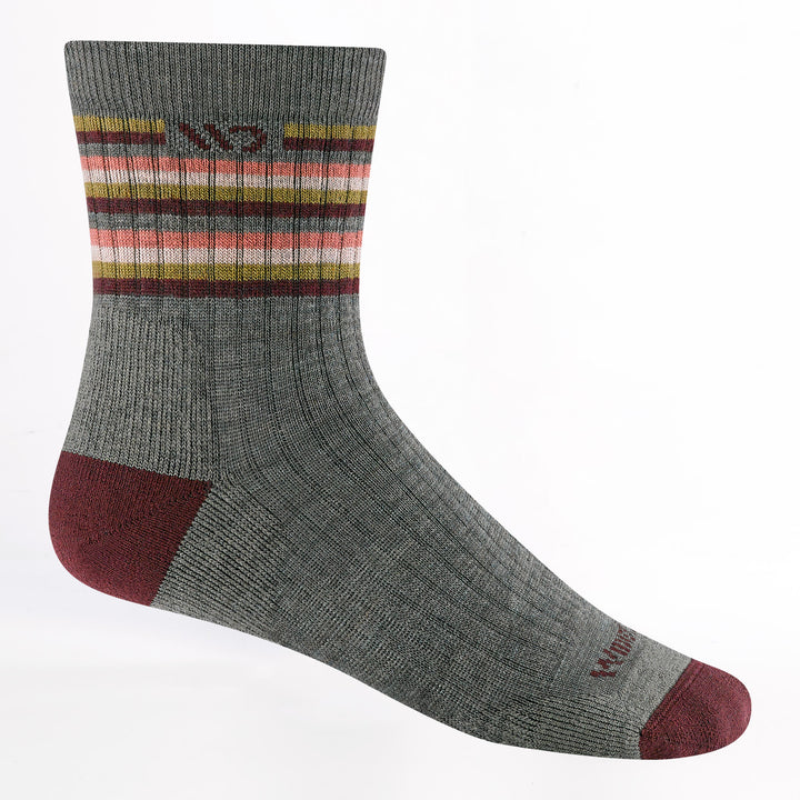 9502 Multi stripe cushioned micro crew in taupe with red heel/toe/logo and different color stripes on leg