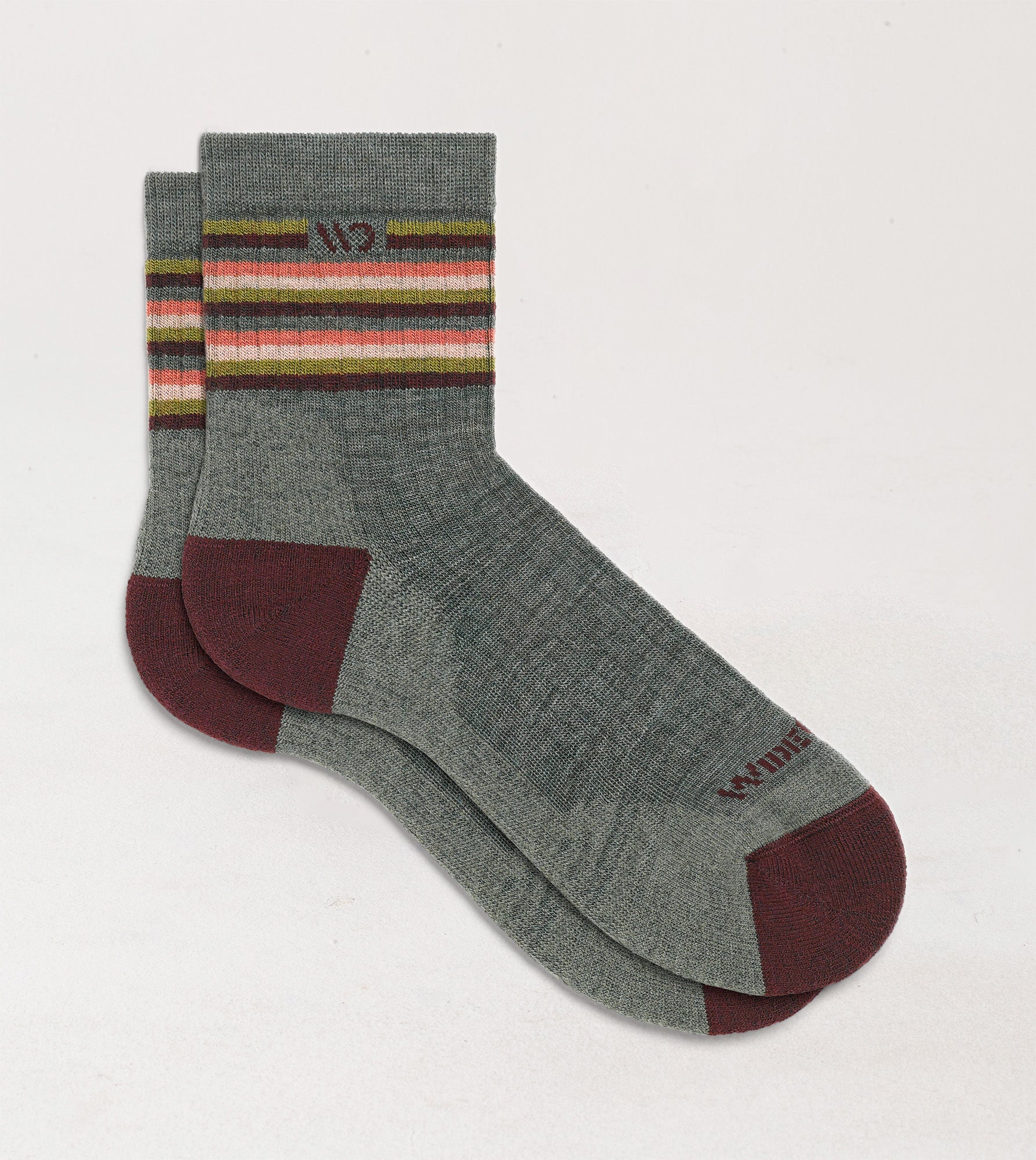 Flat socks featuring maroon toe, taupe body, maroon logo and stripes on the cuff--Taupe