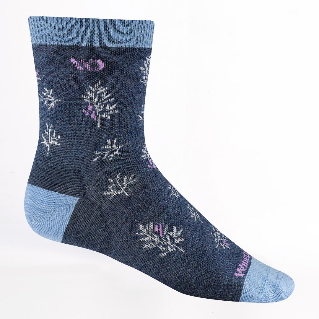 profile image of 9503 foliage lightweight micro crew in denim with Lt Blue heel/toe, lavender logo and foliage design