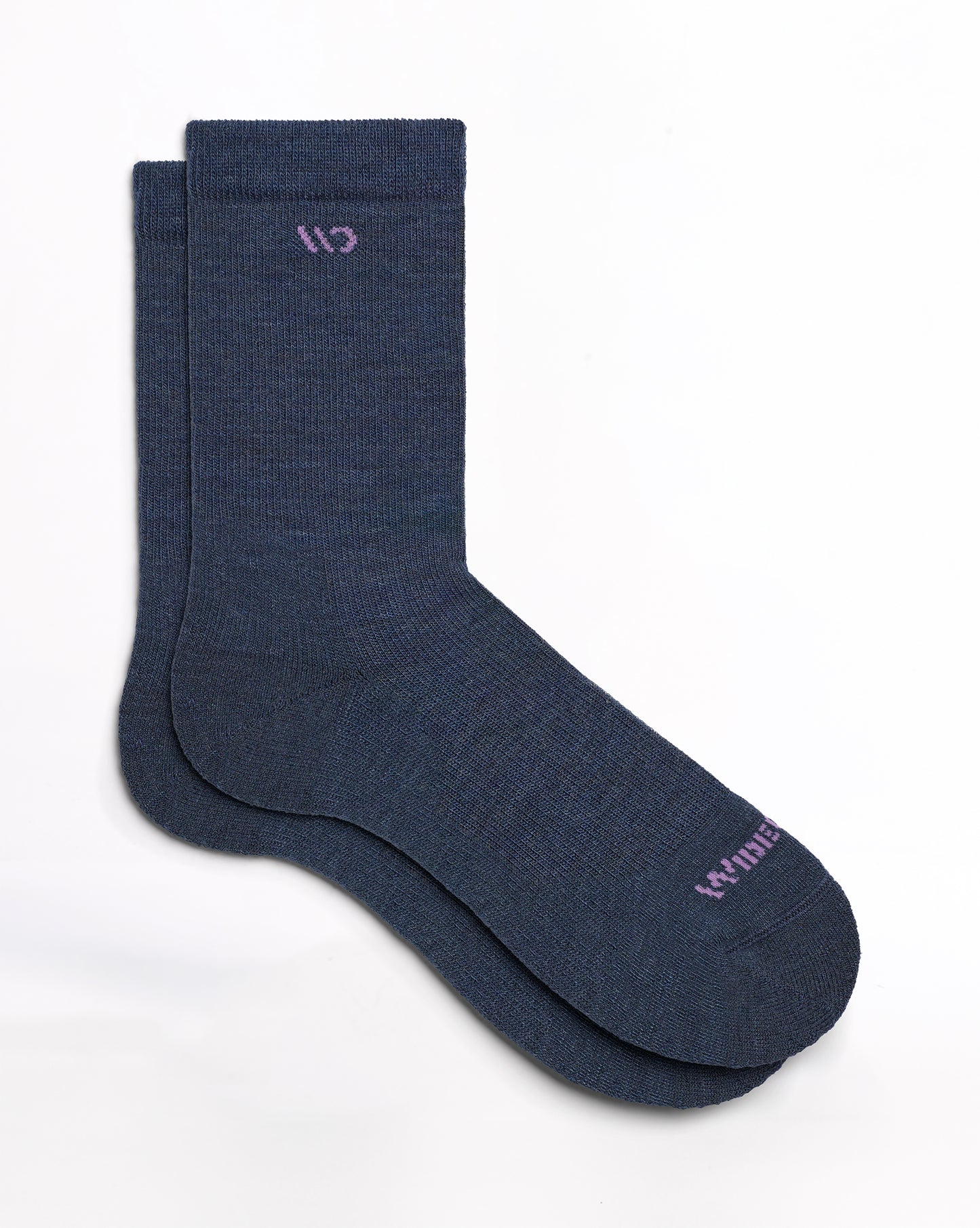 Flat socks featuring pink logo, and denim body