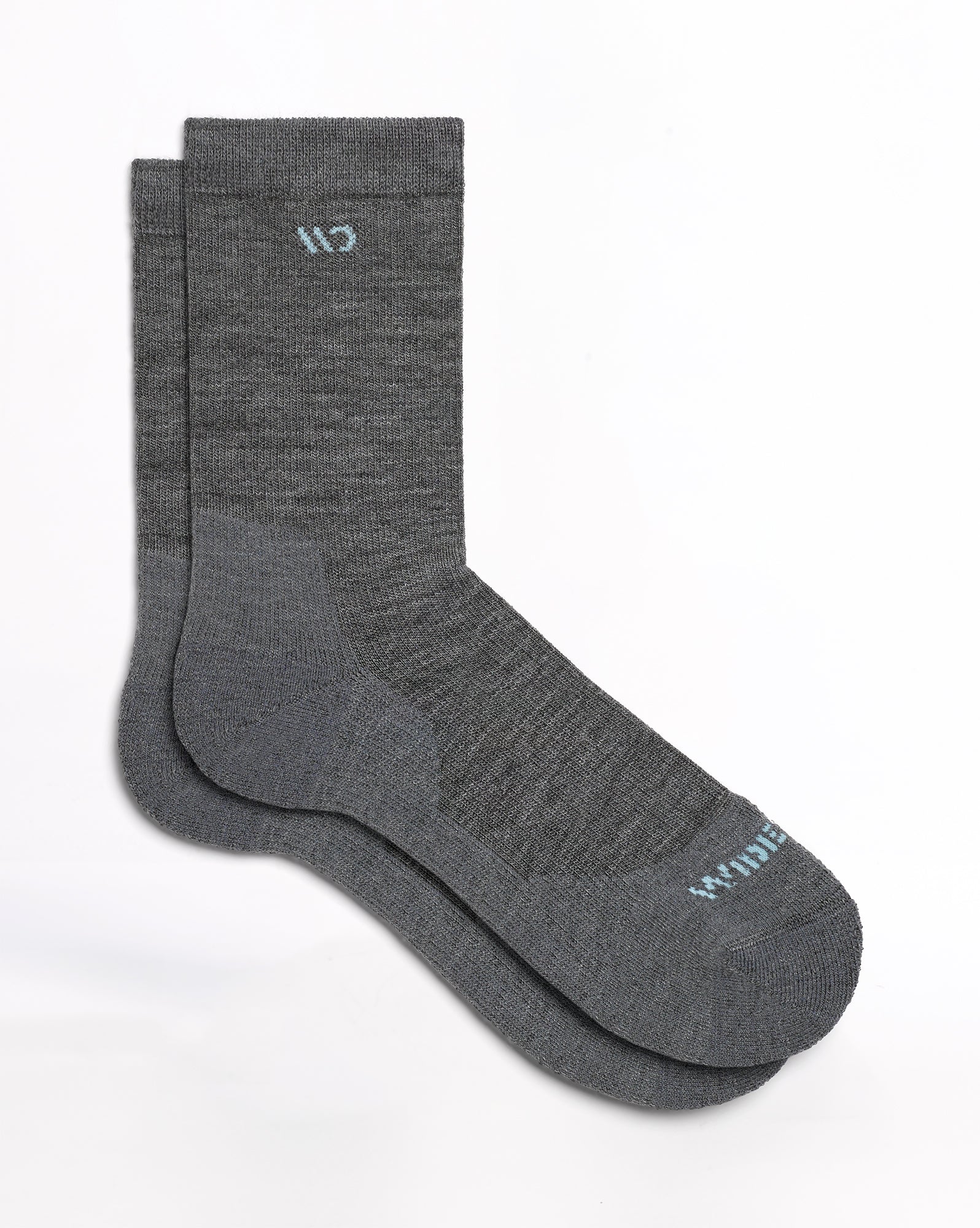 Flat socks featuring light blue logo, and gray body