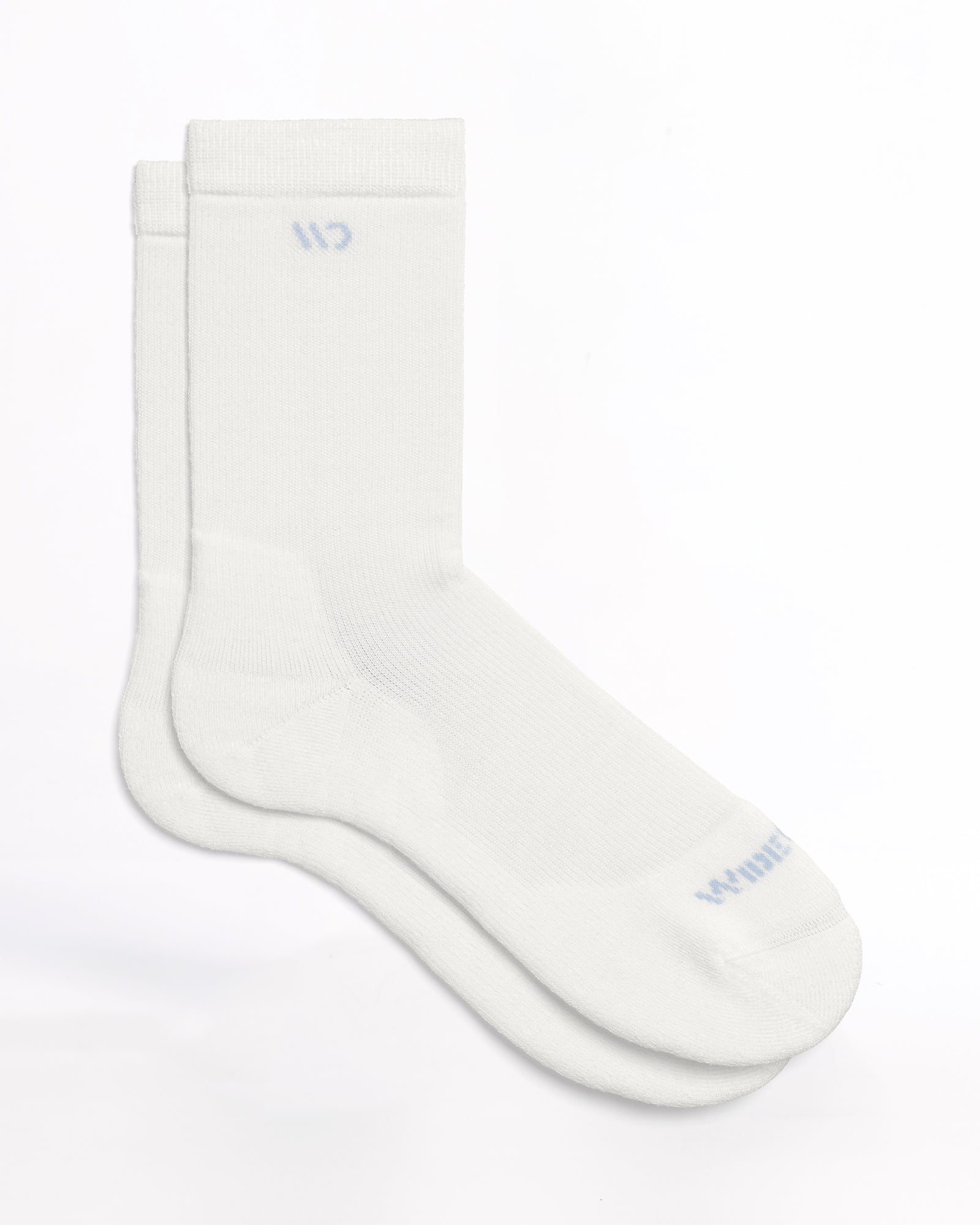 Flat socks featuring light blue logo, and white body