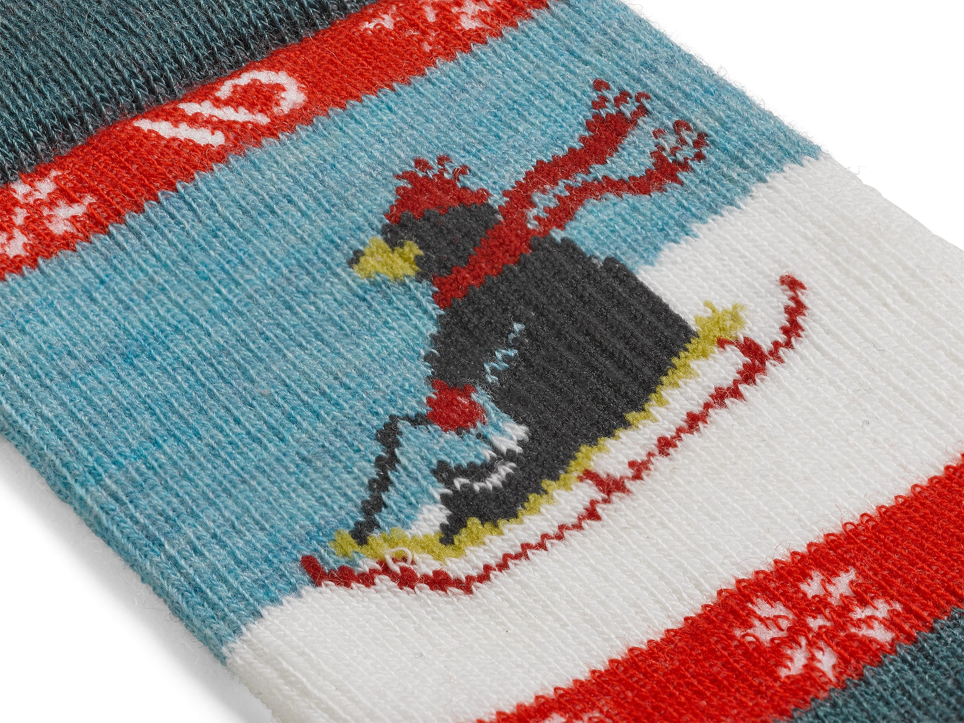 Detail featuring a sledding bear and teal body 