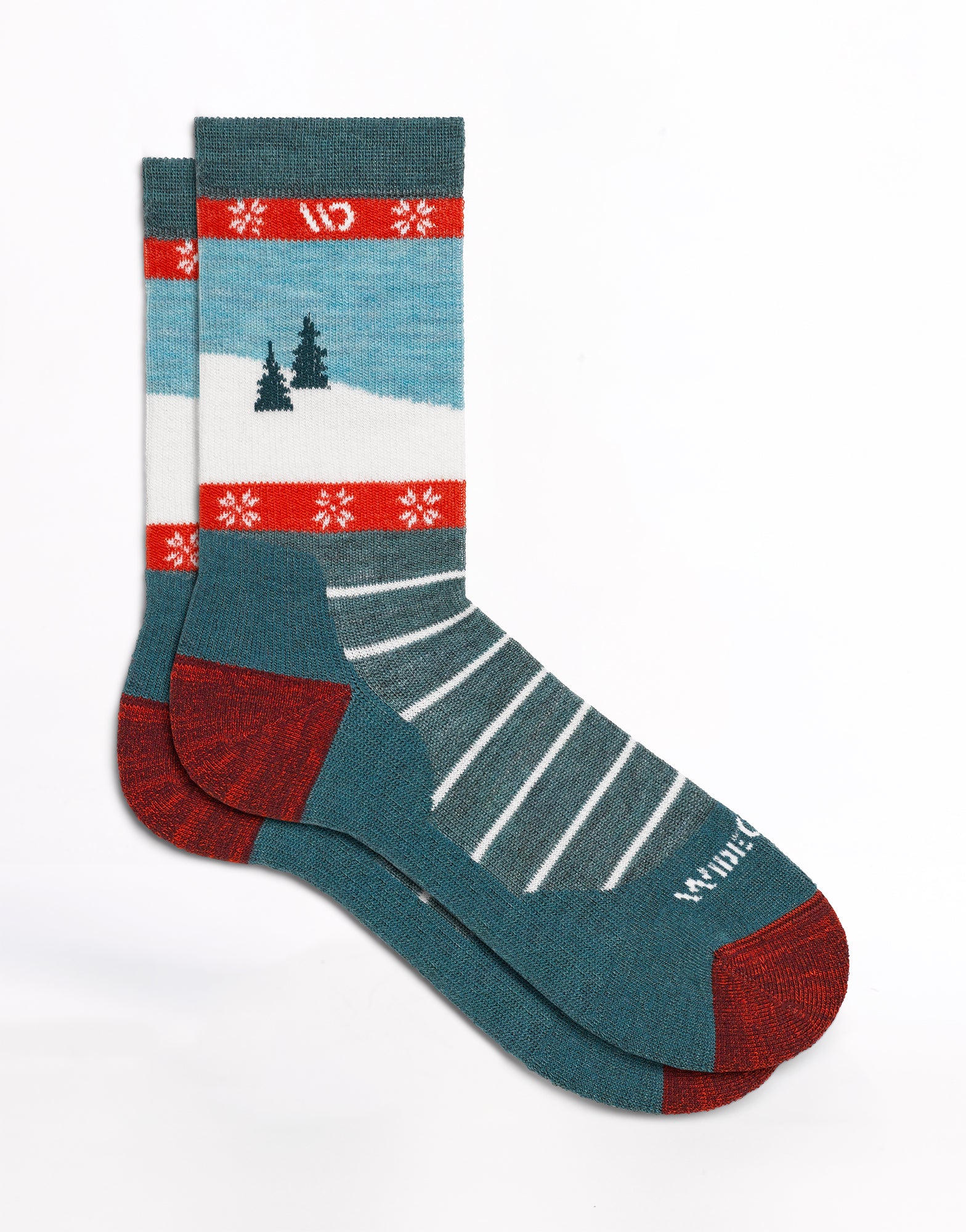 Flat socks featuring maroon heel/toe, and teal/white body with winter scene on ankle