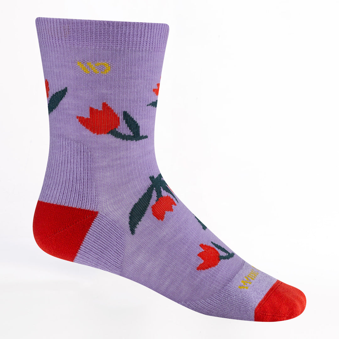 9507 full bloom cushioned micro crew in Tulip Purple featuring a red heel/toe purple body yellow logo and red tulips