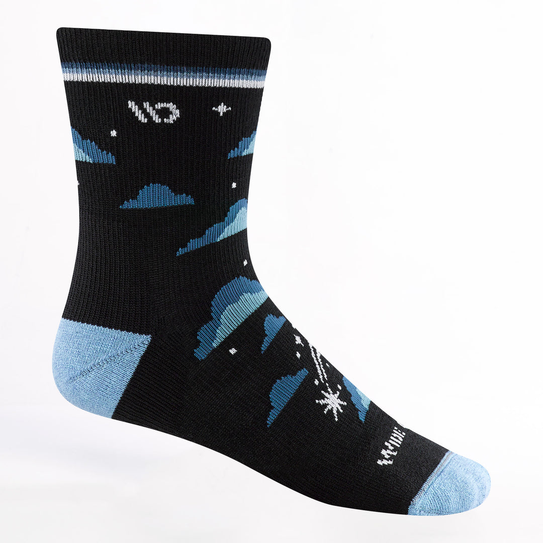 9508 Women's Cloud Hopper Cushioned Micro Crew in Black with black body Blue clouds, white stars light blue heel/toe and white logo
