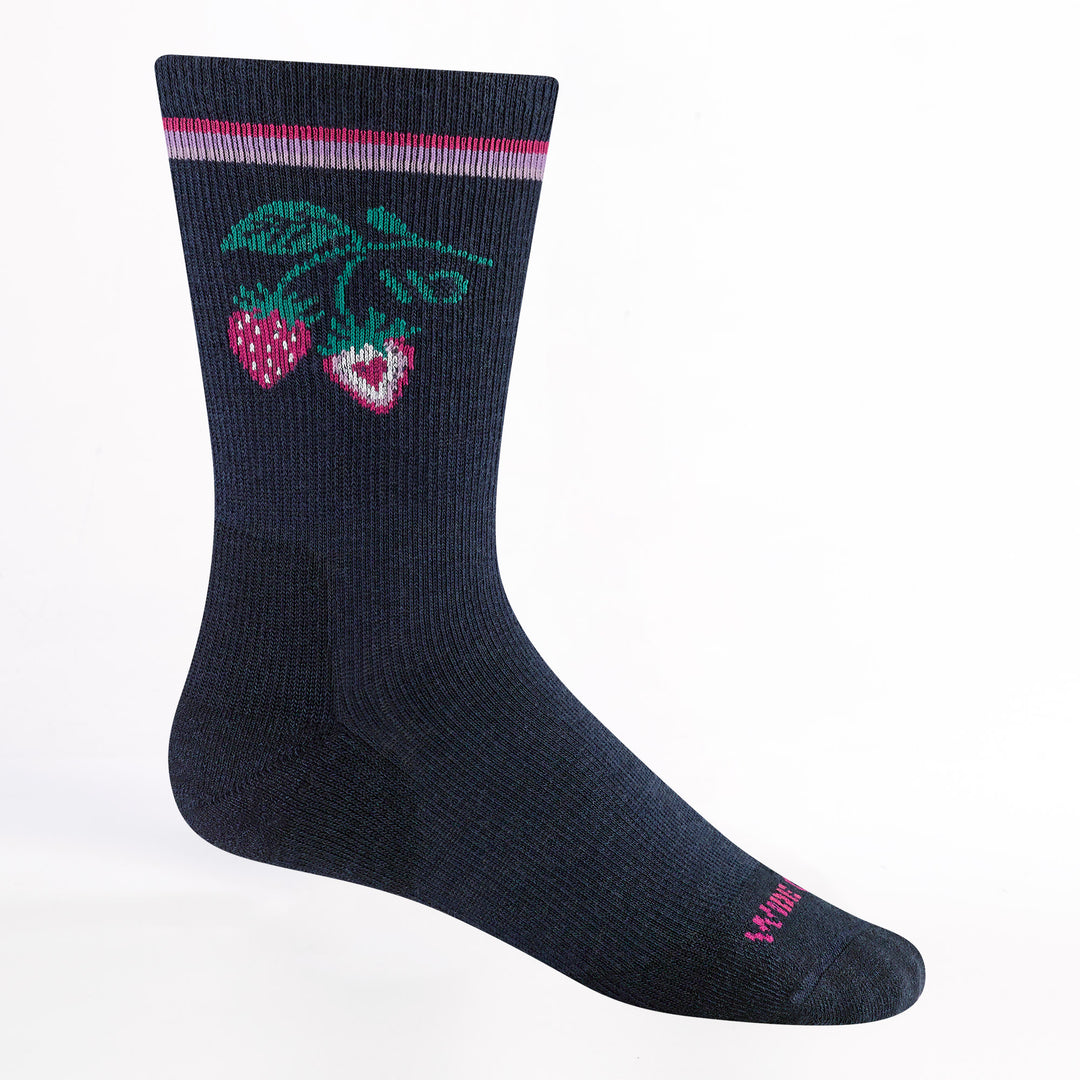 Women's Strawberry Patch cushioned crew sock in Eclipse featuring a navy body pink logo and a strawberry and leaf near cuff