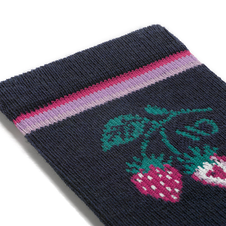 Detail swatch featuring a strawberry and vine on with stripe on cuff