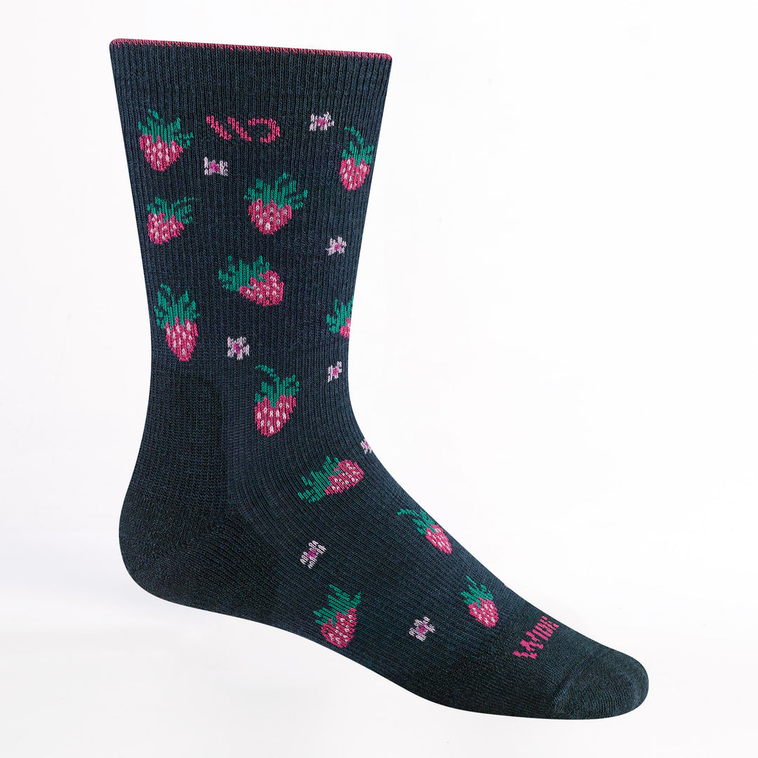 Women's strawberry fields cushioned crew in eclipse featuring Strawberry and blossom all over a dark blue sock