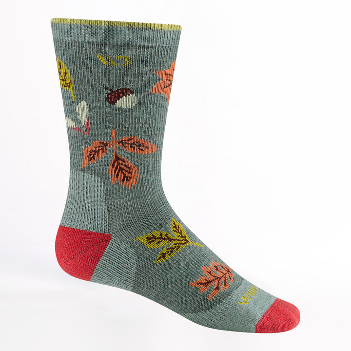 women's fall in love cushioned crew in seafoam colorway featuring a red heel/toe and acorns and leaves all over