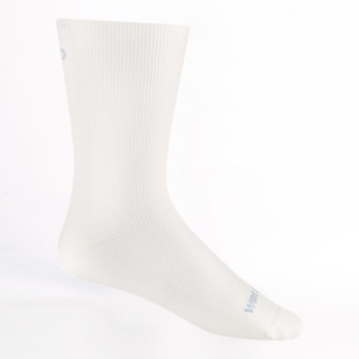 Women's solid basic lightweight crew 9513 in white featuring white body and light blue logo