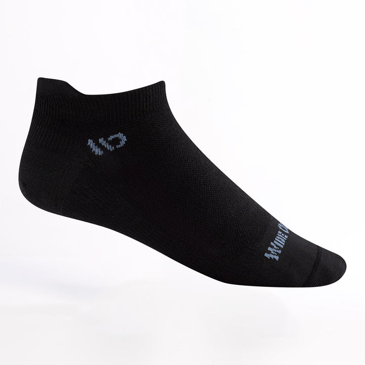 Women's Ankle Lightweight no cushion sock in black colorway with light blue logo