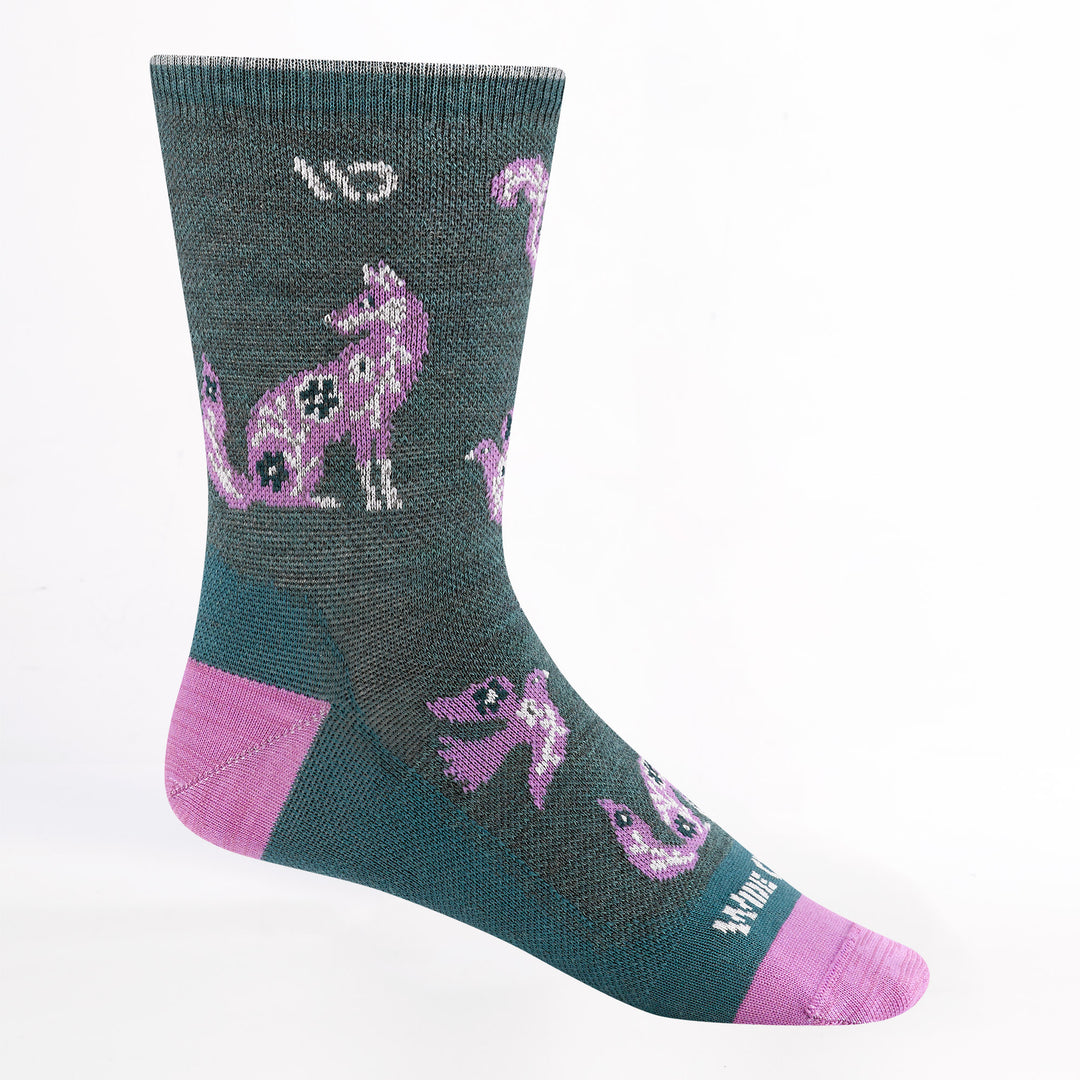 Women's woodland wonder lightweight micro crew in teal featuring pink heel/toe and wildlife designs all over