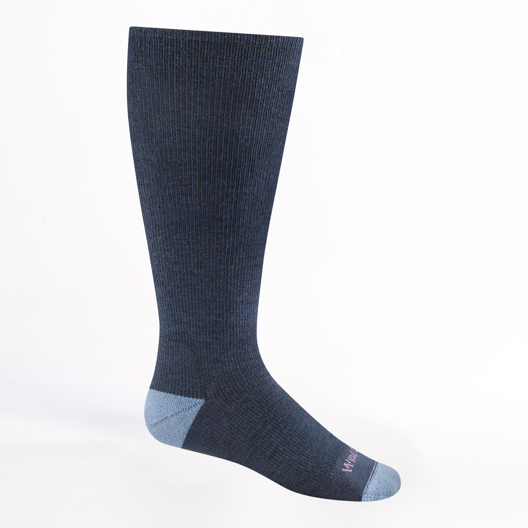 9517 Women's Solid Basic Cushioned knee high in denim with denim body with light blue heel/toe and lavender logo
